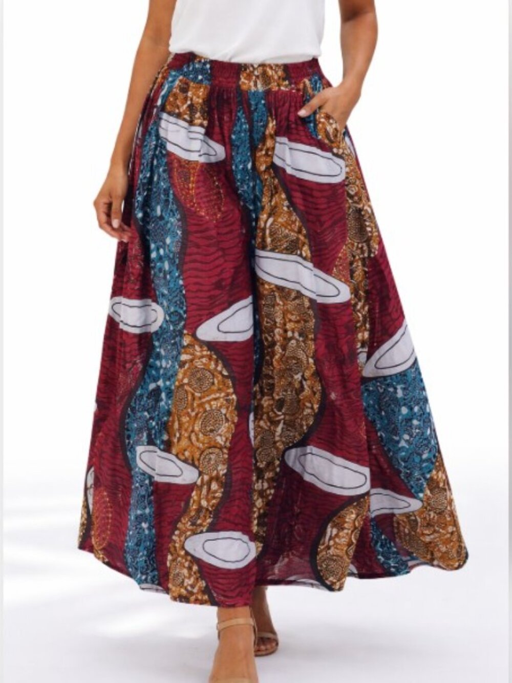 Red Blue White Abstract Print High Waist Maxi A-Line  Skirt